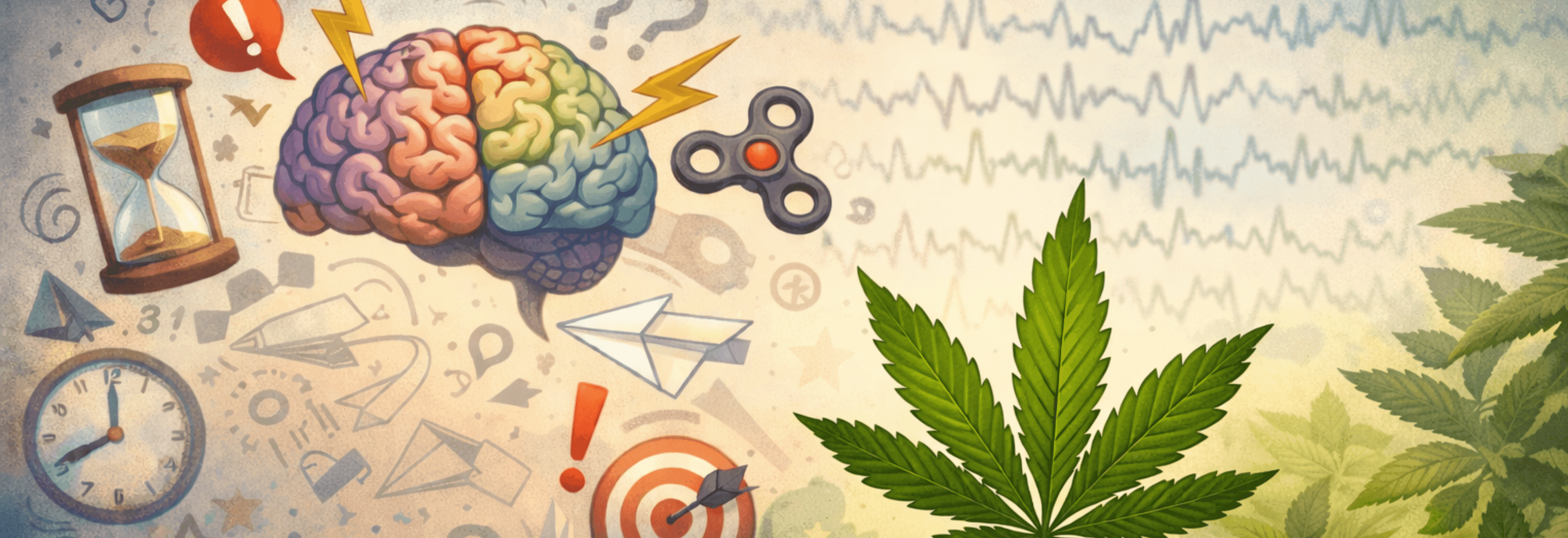 Illustrative Darstellung von Cannabis mit einem Rezept und Gehirn-Symbolen.