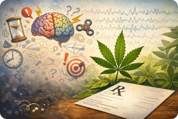 Illustrative Darstellung von Cannabis mit einem Rezept und Gehirn-Symbolen.