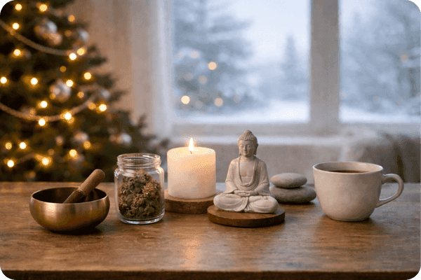 Ein ruhiger Zen-Raum mit einer Buddha-Statue, einer Kerze und einer Teetasse.
